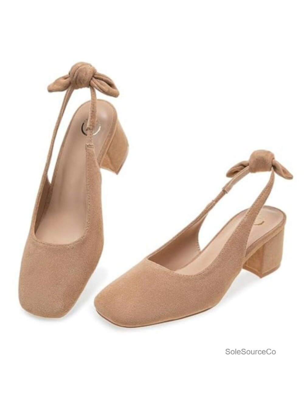 Women's Slingback Pumps Bow Chunky Block Heel Square Toe Faux Suede
